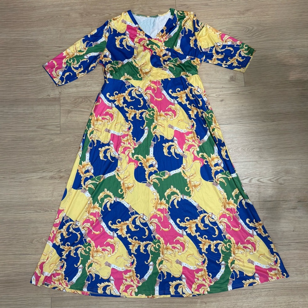 Vibrant Elegant Multicolor V Neck Maxi Dress